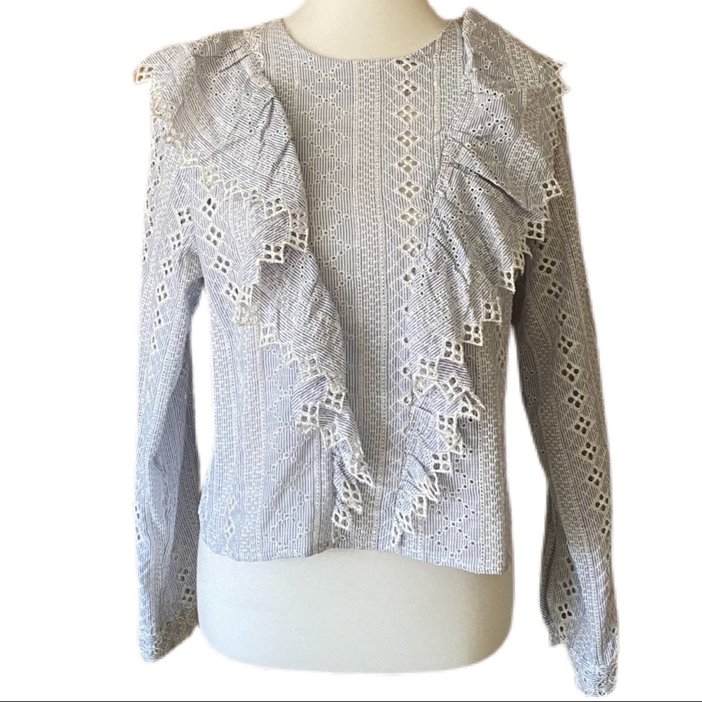 H&M Long Sleeve Ruffle Blouse Blue/White Sz 12